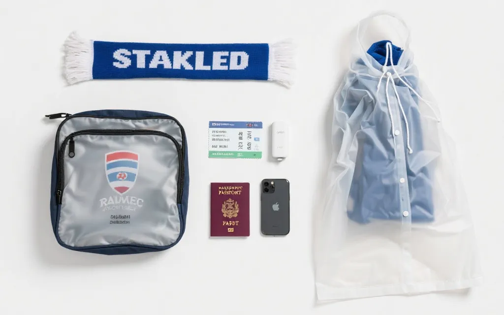 比赛日平铺打包清单：门票证件、手机充电宝、雨衣、围巾与透明收纳袋